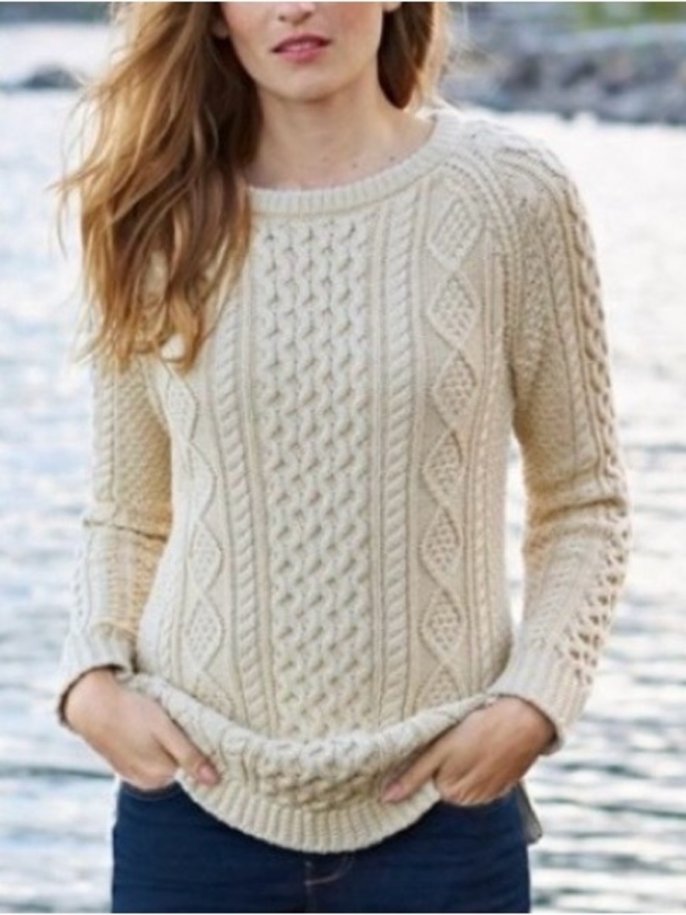 LL Bean Women's Signature Beige Fisherman
Cable Knit Sweater Cotton Size S